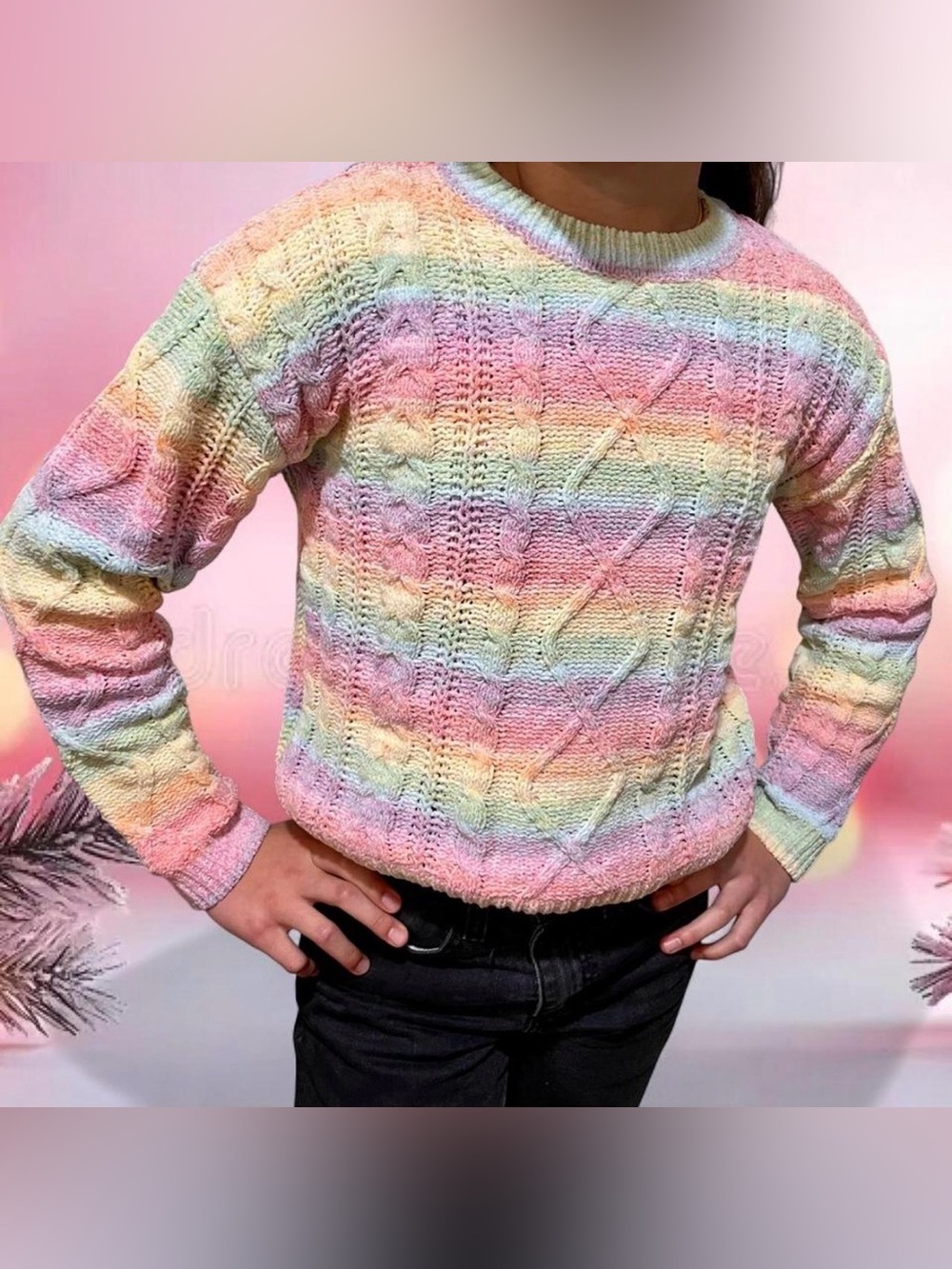 Pink Rose Pastel Striped Cable-Knit Sweater - Pink, Yellow, Blue, Mint